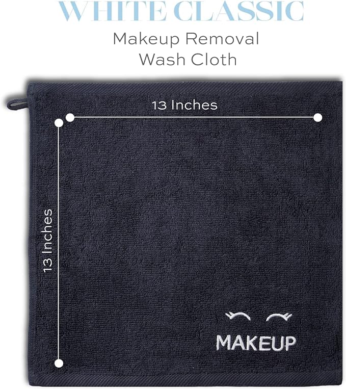 White Classic Bleach Safe Black Makeup Washcloths for Face Cleansing, 6 Pack - Super Soft Luxury Cotton Black Makeup Towels, Highly Absorbent and Quick Dry, All Makeup Remover Cloth | 13 x 13