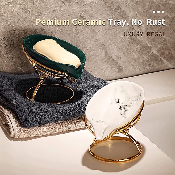 Dobbyby Leaf-Shaped Soap Dish – Ceramic Soap Bar Holder with Self-Drainage System – Bar Soap Holder for Shower, Bathroom Sink, Kitchen – Soap Dish with Stainless Steel Stand (White-Gold-2 Pack)