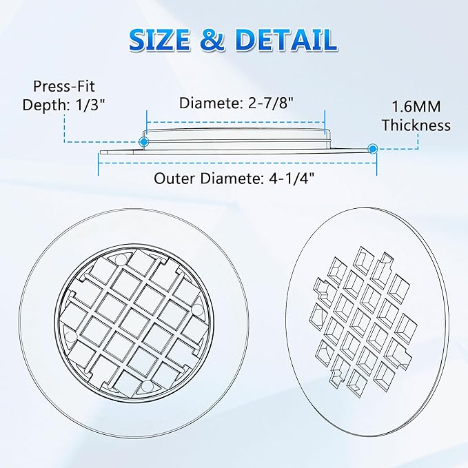 Enhon 2 Pack 4-1/4 Snap in Shower Drain Cover, Round Strainer Drain Grid, Bathroom Shower Grate Cap Replacement for Hair Catcher (White,PVC Plastic)