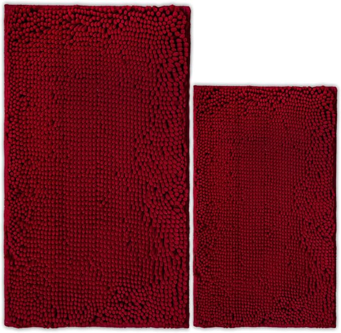 Bathroom Rugs Chenille Bath mat 2 Piece Set, Super Absorbent, PVC Non Slip Backing, Bath mats for Bathroom, Plush Shaggy, Thick, Machine Washable, Bathtub, Shower, Toilet.(Burgundy)