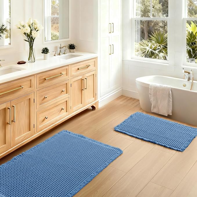 JIUZHEN Set of 2 Waffle Bath Mats Boho Bath Rugs 16"x24"+20"x32", Blue | Non Slip, Super Absorbent, Washable, Ultra Soft, Fast Drying Waffle Bathroom Rugs for Bathroom Floor, Tub, Shower