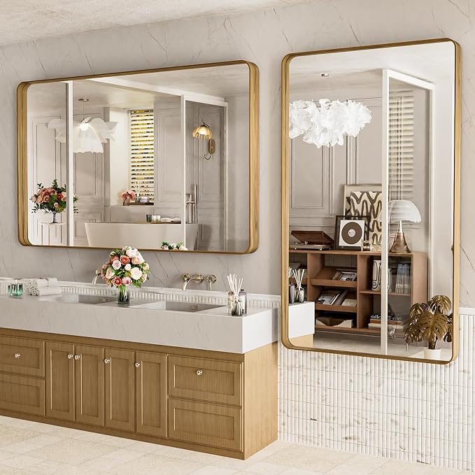 LOAAO 60X30 Inch Bathroom Mirror with Wood Grain Colored Metal Frame | Rounded Rectangle Metal Framed, Anti-Rust, Hangs Horizontally or Vertically, Tempered Glass
