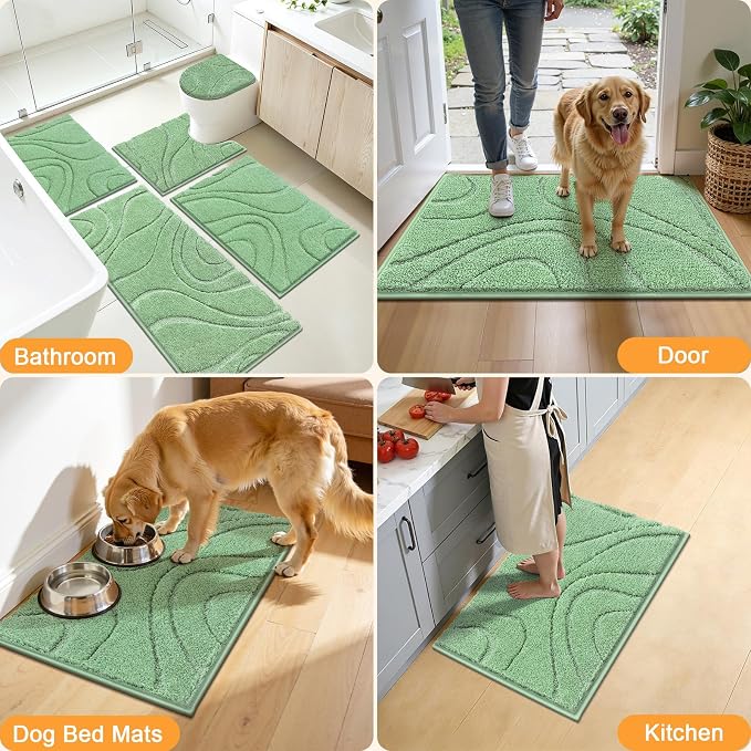 HEBE Bathroom Rugs Sets 5 Piece, Non Slip Washable Absorbent Bath Mat Set | Super Soft Plush Microfiber Bathroom Mats with Runner Set, Solid Bathmat with U-Shaped Toilet Rug Cover Set for Tub, Shower