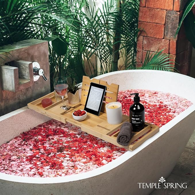 Temple Spring Foldable Bamboo Bathtub Tray Caddy for Tub — Expandable One-Piece Wood Bath Table with Wine Holder Book Stand and Non-Slip Pads — Space-Saving Bath Caddy — Housewarming