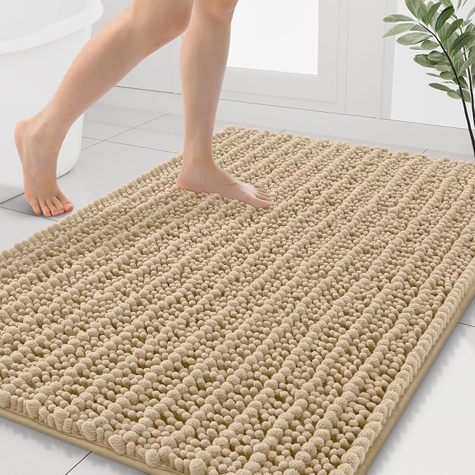 Smiry Bathroom Rugs 40X32, Extra Soft Rubber Backing Chenille Bath Mats | Beige Machine Washable Non Slip Quick Dry Bath Mats for Bathroom Floor, Tub, Shower, Home Decor Accessories