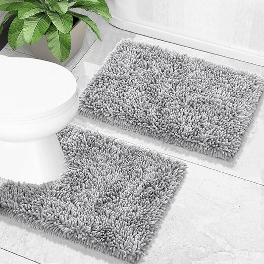 Yimobra Bathroom Rugs Sets 2 Piece, Soft Absorbent Bath Mat and U-Shaped Toilet Rug with Non Slip Backing, Luxury Shaggy Bath Mats for Bathroom, Machine Washable, 24"x17"+24"x20", Light Grey