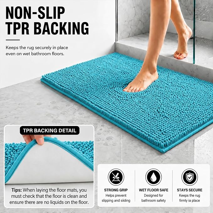 Bathroom Rugs Sets 2 Piece,Super Absorbent Soft,Thick,Machine Washable Chenille Bath Mat,Non Slip Toilet Floor Rug,Bath Mats for Bathroom,20x32 Plus 20x20 U Shape,Light Blue