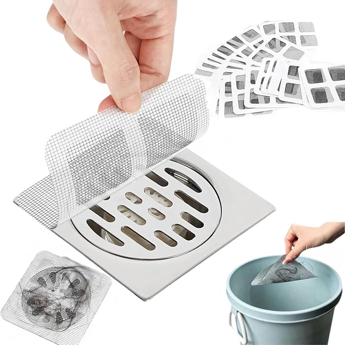 Disposable Hair Catcher for Shower Drain, 30 Packs | Square Mesh Stickers, Upgraded Adhesive Drain Cover, Catch Human & Pet Hair, Fits Bathroom, Kitchen Sink, Bathtub