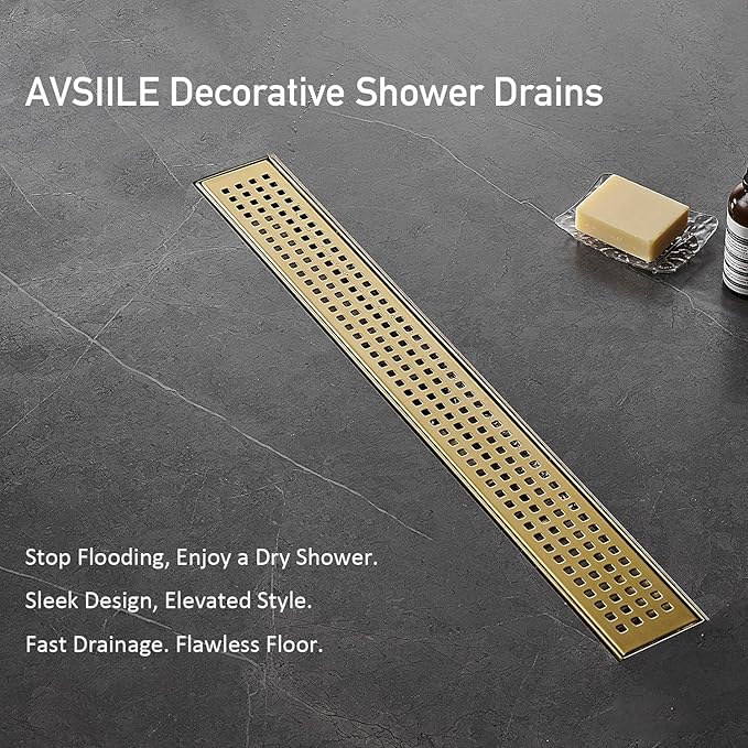 AVSIILE Linear Shower Floor Drain, Brushed Gold 48 Inch 304 Stainless Steel Bathroom Drains Kit, Long Rectangular Shower Trench Drain with Square Pattern Drain Cover & Hair Catcher