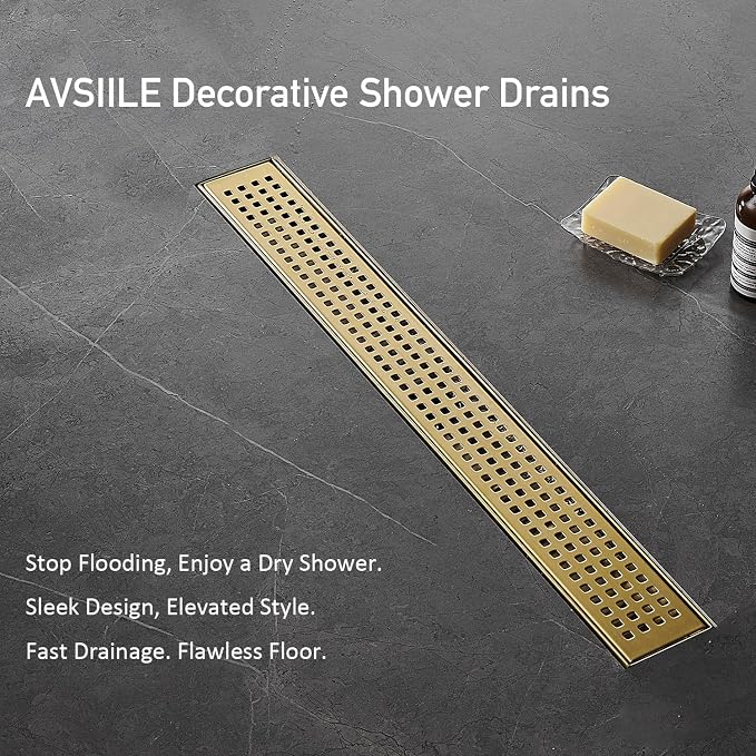 AVSIILE Linear Shower Floor Drain, Brushed Gold 18 Inch 304 Stainless Steel Bathroom Drains Kit, Long Rectangular Shower Trench Drain with Square Pattern Drain Cover & Hair Catcher