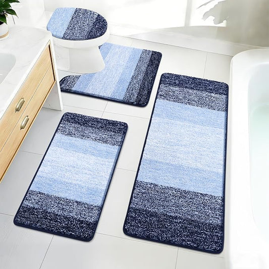 Bsmathom Bathroom Rug Set 4 Piece, Plush Microfiber Bath Mat, Navy Blue | Extra Water Absorbent, Non Slip Washable Runner Bath Rugs with Toilet Lid Cover and U-shaped Contour Toilet Mat