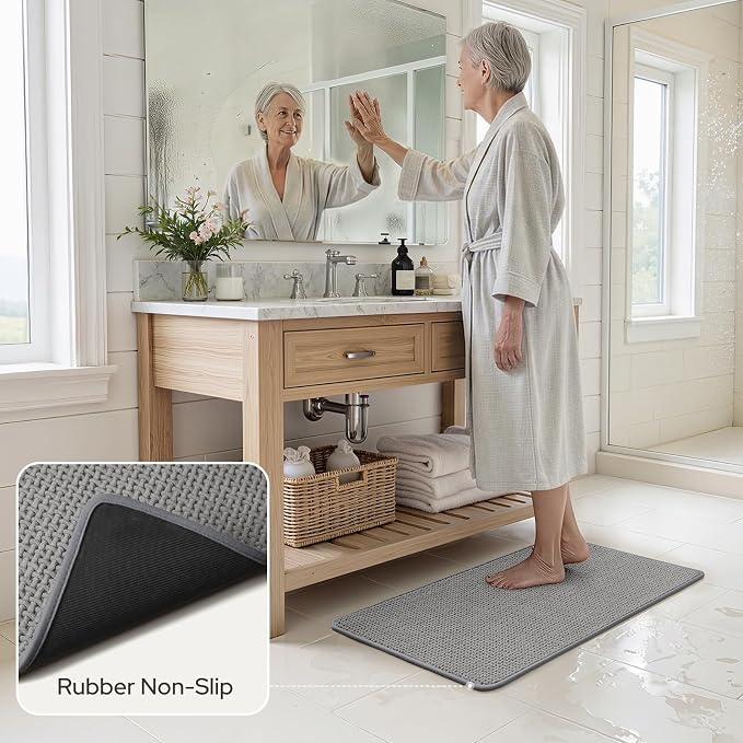 HOMEIDEAS Bathroom Rugs Set 2 Piece Thin Non Slip, Grey 17"x24"+20"x32" | Quick Dry Absorbence Bath Mats, Soft Chenille, Low Profile Fits Under Doors, Ideal for Bathtub, Shower, Elderly and Pets