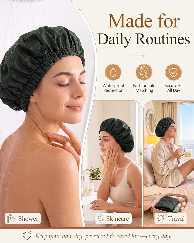 Edoneery Shower Caps for Women Reusable Waterproof, Shower Hair Cap | Washable Bonnet, Wide Elastic Band, Large Fit, Holds Long Hair, Braids Friendly, Bath Accessories, Spa, Travel