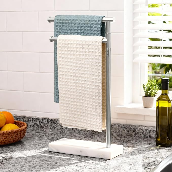 KES Hand Towel Holder Stand for Bathroom, Countertop Towel Stand Swivel with Marble Base, 17.3" 2 Arms Hand Towel Holder Freestanding Counter Top 18/8 Stainless Steel Brushed Finish, BTH233A-2