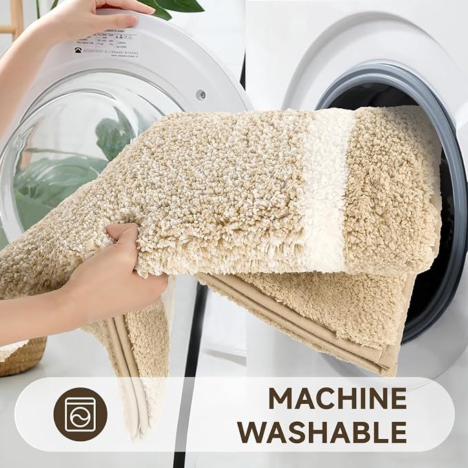 Pauwer Bathroom Rug Sets 3 Piece, Non Slip Washable Bath Ma, Beige | Soft Plush Microfiber, Super Absorbent Floor Carpet, U Shaped Toilet Mats, Quick Dry, Shaggy Shower Rugs Runners