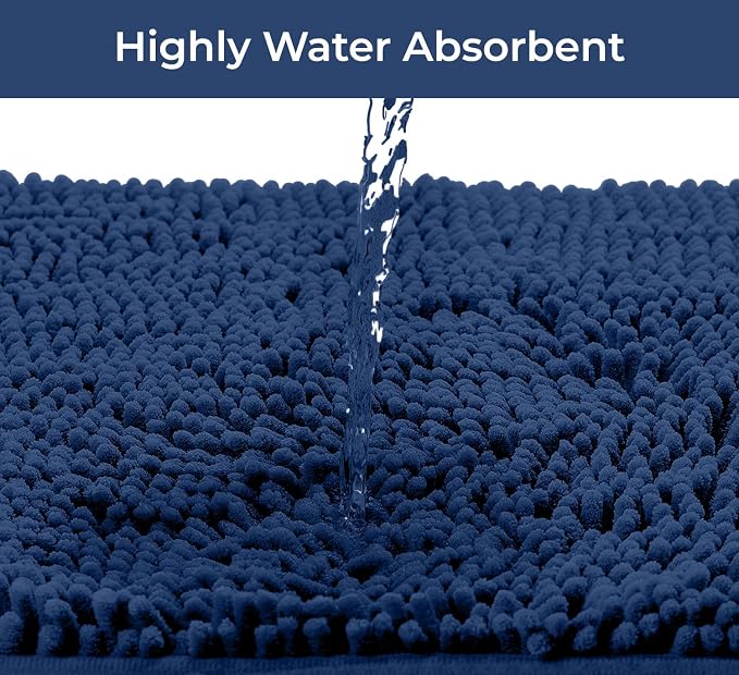 Bathroom Rugs Sets 2 Piece, Luxury Chenille Bath Mat Set, Soft Plush Anti-Slip Bath Rug + U-Shaped Toilet Mat. Microfiber Shaggy Carpet, Super Absorbent (24” x 36” & 20” x 24” U, Blue)