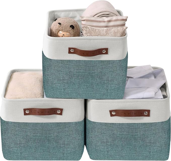 DECOMOMO Storage Bins, Extra Large Fabric Storage Baskets for Shelves, Decorative Linen Closet Organizer, 15.8 x 12.5 x 10 inches (Green & White, 3 Pack)