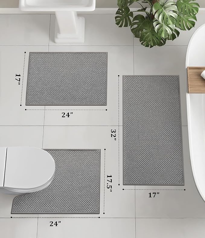 YIHOUSE Thin Bath Mat Grey Bathroom Rugs Sets 3 Pieces, Non Slip Absorbent Bath Mats Quick Dry, Woven Braided Rugs Washable, Rubber Tapetes para Baño for Bathroom Toliet,Bathtub