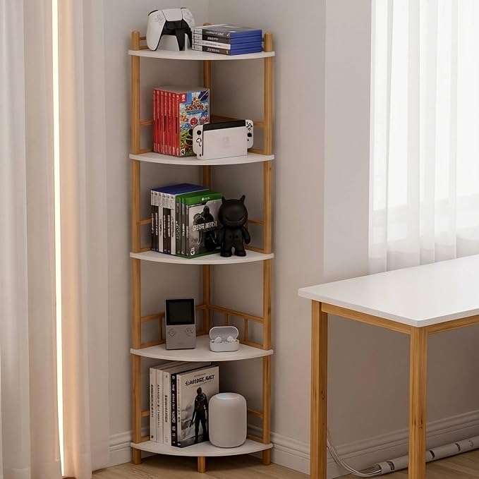 5-Tier Expandable Bamboo Corner Shelf Stand,Corner Bookshelf, Display Storage Shelves with Open Shelves, for Organization and Storage, Living Room, Home Office, Garage (White, 5-Tier WithRail)