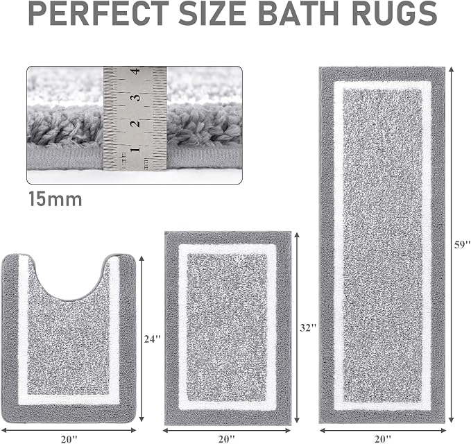 Pauwer Bathroom Rug Sets 3 Piece, Non Slip Washable Bath Mat, Light Grey | Soft Plush Microfiber, Super Absorbent Floor Carpet, U Shaped Toilet Mats, Quick Dry, Shaggy Shower Rugs Runners