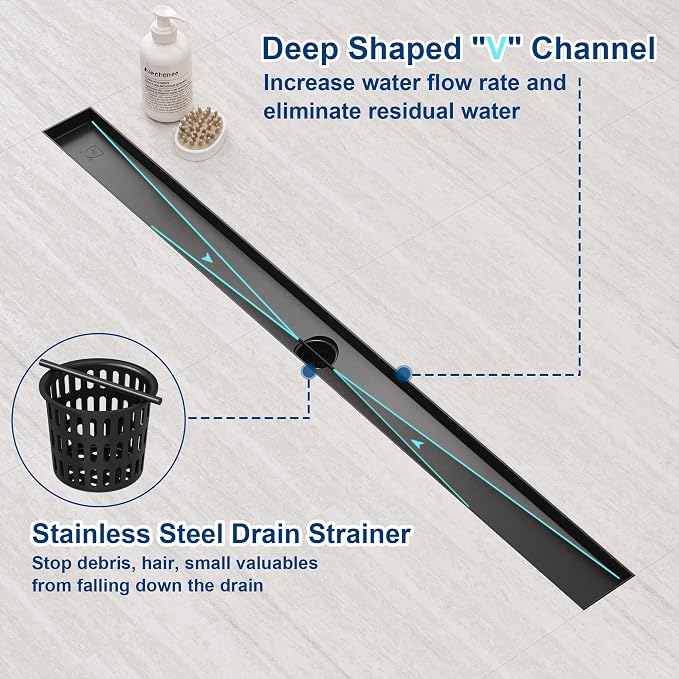 Neodrain 32-Inch Linear Shower Drain,with 2-in-1 Flat & Tile Insert Shiny Black Cover, Rectangle Shower Floor Drain, Floor Shower Drain with Adjustable Leveling Feet, Hair Strainer