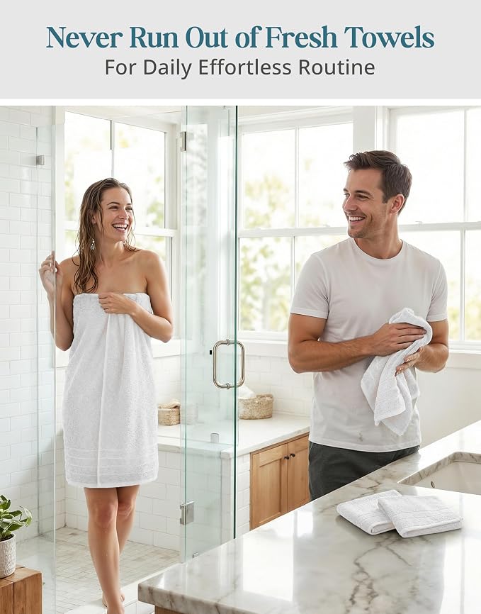 Casa Platino Large Bath Towel Set Absorbent Quick Dry 100% Cotton - White | Cotton Towels - Fade-Resistant Color, Classic Terry Weave, Densely Woven, Coordinated Colors, Dobby Border Accent