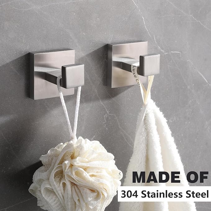 LANC 3-Pack Towel Hooks Bathroom Towel Hooks Heavy Duty Clothes Hook Square Hanger Robe Hook Wall Mounted Contemporary Kitchen Hotel Wall Hooks Brushed Nickel, A8805BN-P3