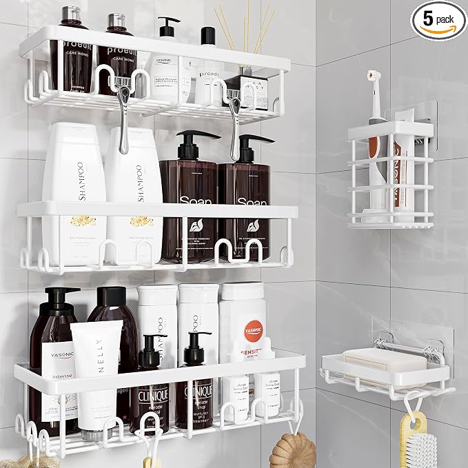 YASONIC Shower Caddy Adhesive, 100% Rustproof Shower Organizer with Soap and Toothbrush Holder, Large Capacity Shower Shelves for Inside Shower, No Drill Shower Storage for Home (5 Pack White)