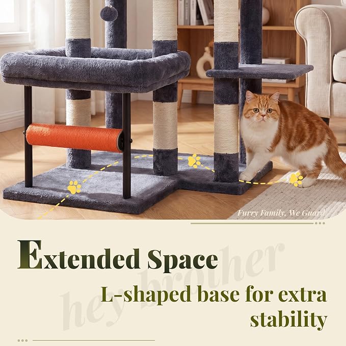Hey-brother Cat Tree Tower with Stable L-Shaped Widen Base, Condo, MPJ086G | 68.5 Inches Multi-Level Furniture with 2 Platforms, 11 Scratching Posts, Hammock and Toys Ball for Indoor Cats, Smoky Gray