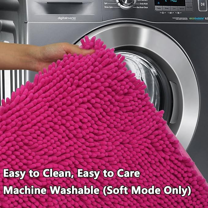Bathroom Rugs Chenille 3-Piece Extra Soft and Absorbent Shag Bathroom Rugs, Machine Wash Mat, Strong PVC Non-Slip Underside, Plush Carpet Mats (Rose Red)