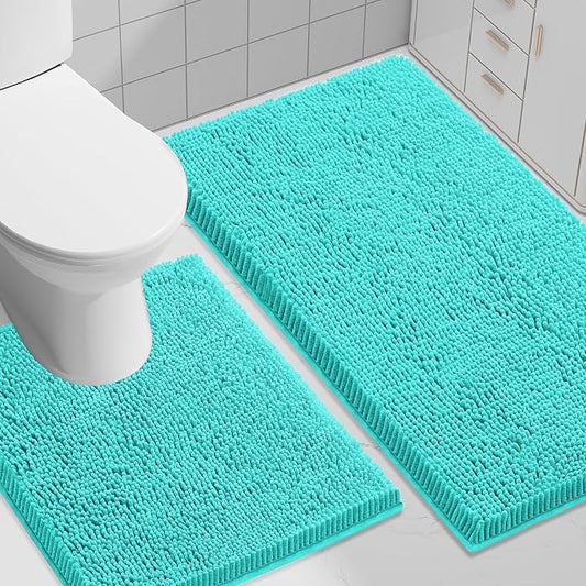 Smiry Chenille Bathroom Rugs Sets 2 Piece (30x20+ U Shape 24x20, Turquoise) | Soft Absorbent Machine Washable Non Slip Shaggy Bath Rug Set for Tub, Shower, and Floor, Home Decor