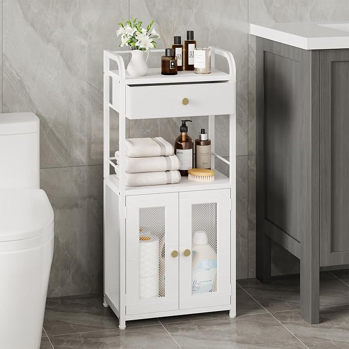 SWTYMIKI 14.57"x32.28" Bathroom Storage Cabinet – Freestanding Toilet Paper Storage with Doors & Drawer, Bathroom Organizers and Storage for Small Spaces, Laundry Room, Ideal for Towels, White