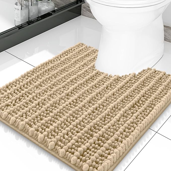 Smiry Bathroom Toilet Rugs U Shaped 20X20, Chenille Bath mats for Toilet | Beige Extra Soft Absorbent Non Slip Rubber Backing Contour Bath Rugs for Toilet, Machine Washable Contoured Bath Mats
