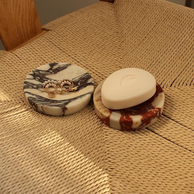 Natural Calacatta Red Marble Soap Dish, Round Small Jewelry Dish, Sponge Holder for Bathroom, Kitchen