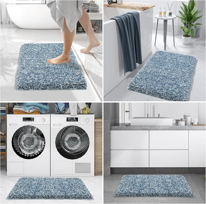 Yimobra Luxury Bathroom Rugs, Fluffy Bath Mats, Non Slip, Water Absorbent Microfiber, Machine Washable, Plush Runner Shower Rugs, Thick Matts for Bathroom Floor&Tub, 60" X 24", Denim Blue and White