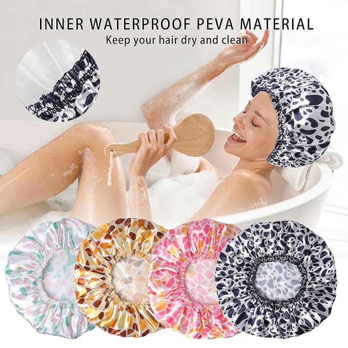 Shower Caps for Women, 4 PCS Reusable Waterproof Bath Cap | Double Layer, Washable, Wide Elastic Band, Holds Long Hair, Caps for Bath Accessories, Spa, Travel Home - Stone