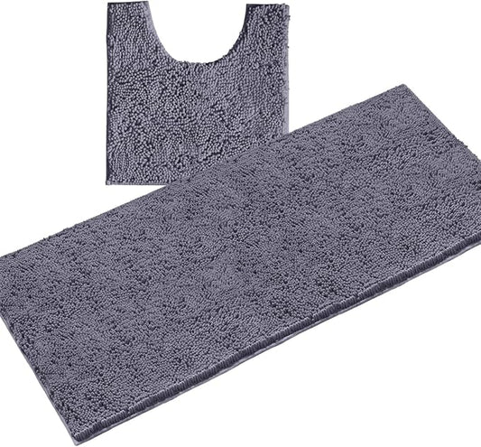 LuxUrux 2-Piece Bathroom Rug Set – Plush Chenille Runner & U-Shaped Toilet Mat, Soft, Absorbent & Non-Slip Design (20x20 U & 27x47 inches, Dark Grey)