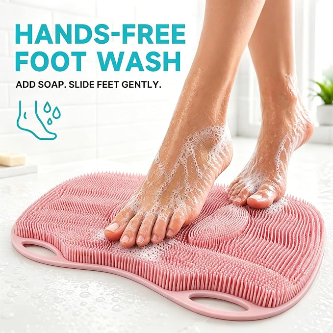 XL Silicone Shower Foot Scrubber Mat with Suction Cups, Foot Washer for Shower, Foot and Back Scrubber for Smooth Shower Wall or Floor, Pink, 17.3 x 12.9 in