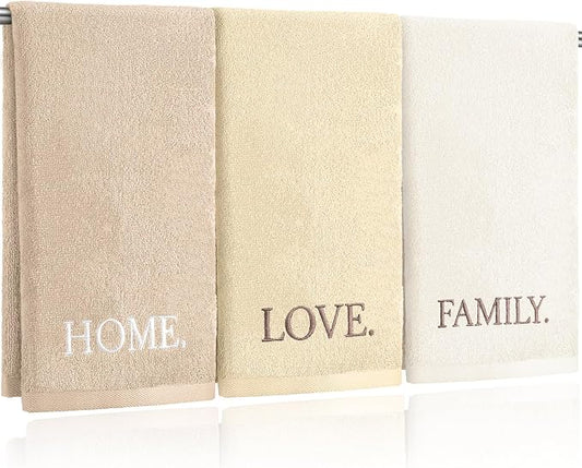 3 Pcs Hand Towels Bathroom Set,Beige,Home Love Family | Embroidered Cotton Farmhouse Towels, Kitchen Decor, Rustic Boho Decorative with Text Labels, Guest Bath Home