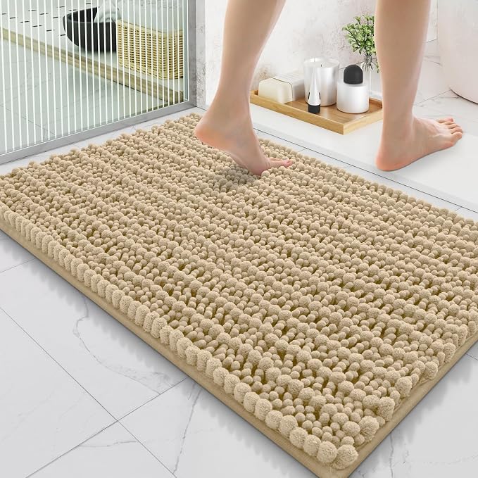 Smiry Bathroom Rugs 35X24, Extra Soft Rubber Backing Chenille Bath Mats | Beige Machine Washable Non Slip Quick Dry Bath Mats for Bathroom Floor, Tub, Shower, Home Decor Accessories