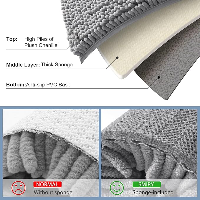 Smiry Chenille Bathroom Rugs Sets 2 Piece (34x21+30x20, Grey) | Soft Absorbent Machine Washable Non Slip Shaggy Bath Rug Set for Tub, Shower, and Floor, Home Decor