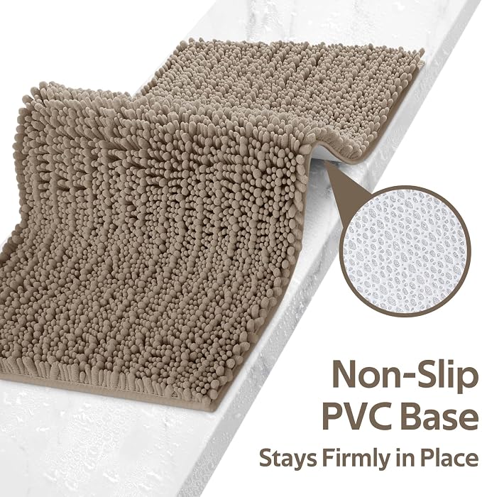ACCUMTEK Upgrade Extra Large Dark Beige Bathroom Rug Set 3 Pieces Gray Ultra Soft, Thick Absorbent Bath Mats, Non Slip Chenille Toilet Mat Bathroom, Bedroom, Kitchen, Taupe