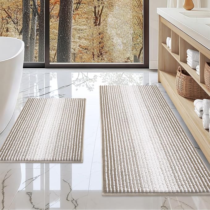 Bathroom Rugs Sets 2 Piece, Non Slip Boho Bath Mats, Light Taupe | 20"x47" Plus 16"x24", Soft Absorbent Striped Chenille, Quick Dry Machine Washable, Shower Rug for Bathroom Bedroom Décor