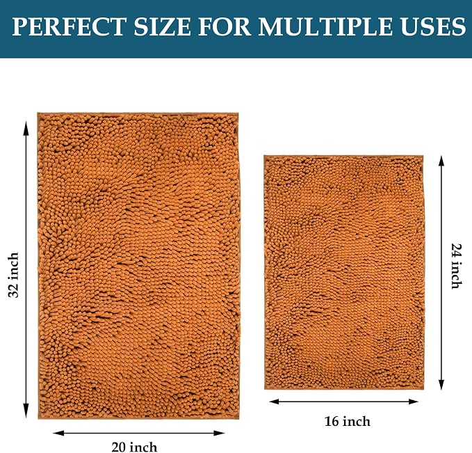 Bathroom Rugs Set 2 Piece Bath Mats Non Slip for Bathrooms, Thick Soft Chenille Rug Set, Bathtub Mats, Ultra Absorbent Bath Carpet, Shaggy Floor Mat, Champagne, 20"x32" & 16"x24"
