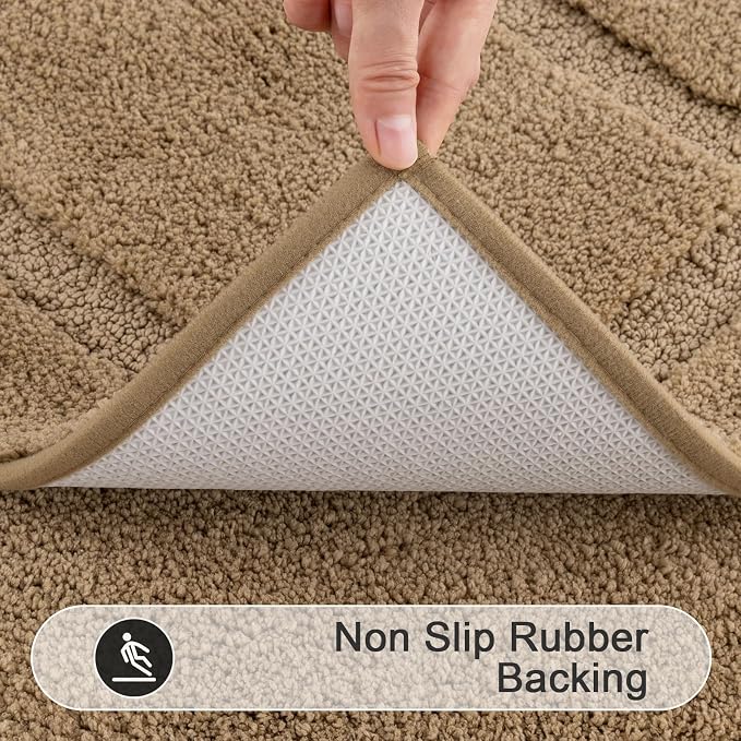 SHACOS Soft Microfiber Bathroom Rugs Set of 2 Pieces, Khaki Brown | 47x20 + 32x20, Absorbent Plush Bath Rugs, Non Slip Washable Shaggy Bath Mats, Fluffy Bathroom Runner Floor Mats Shower Rug