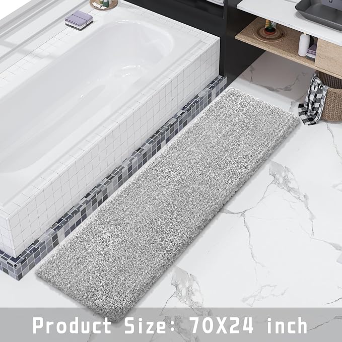 Yimobra Bathroom Runner Rug Non Slip 70" X 24", Super Absorbent Bath Rugs, Quick Dry, Luxury Extra Long Shaggy Fluffy Bath Mat for Double Vanity & Tub Side, Machine Washable, Light Gray and White