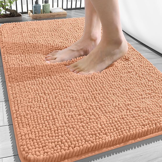 OLANLY Bathroom Rugs 34x21, Extra Soft Absorbent Chenille Bath Rugs | Peach, Quick-Drying Rubber Backing, Machine Washable Bath Mat for Bathroom Floor, Tub and Shower, Home Decor Accessories