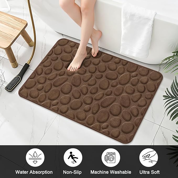 Stone Bath Mats, Non-Slip Memory Foam Bathroom Rug, 24x36 Brown | TPR Rubber Backing,Ultra Soft,Highly Absorbent,Machine Washable,Quick Dry for Tub and Shower, Home Decor Accessories