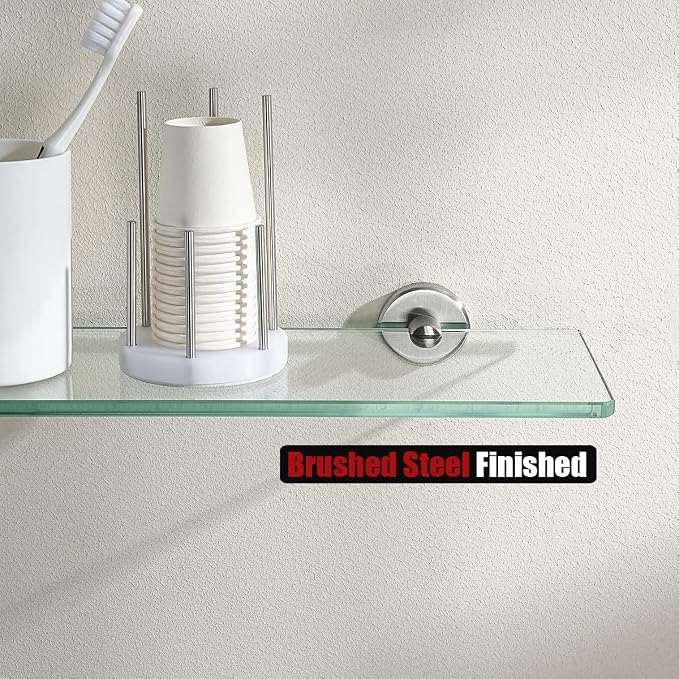 JQK Bathroom Glass Shelf, Tempered Glass Shower Storage 24 by 5 inches, 304 Stainless Steel Brushed Finish Wall Mount, TGS101L24-BN