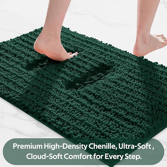 ACCUMTEK Upgrade Extra Large Deep Green Bathroom Rug Set 3 Pieces Ultra Soft, Thick Absorbent Bath Mats, Non Slip Chenille Toilet Mat for Bathroom, Bedroom, Kitchen